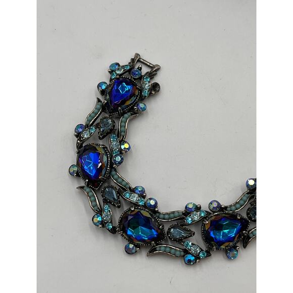 Florenza‎ Signed Vintage Blue Purple Iridescent Glass Bracelet earring Set - Picture 5 of 11